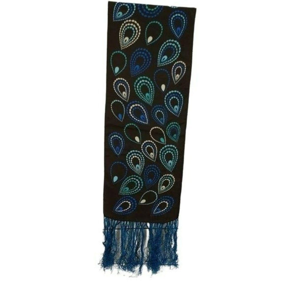BohoâScarf Paisley Fringed Bold Blueâ Brown Cream Colors Long Wrap